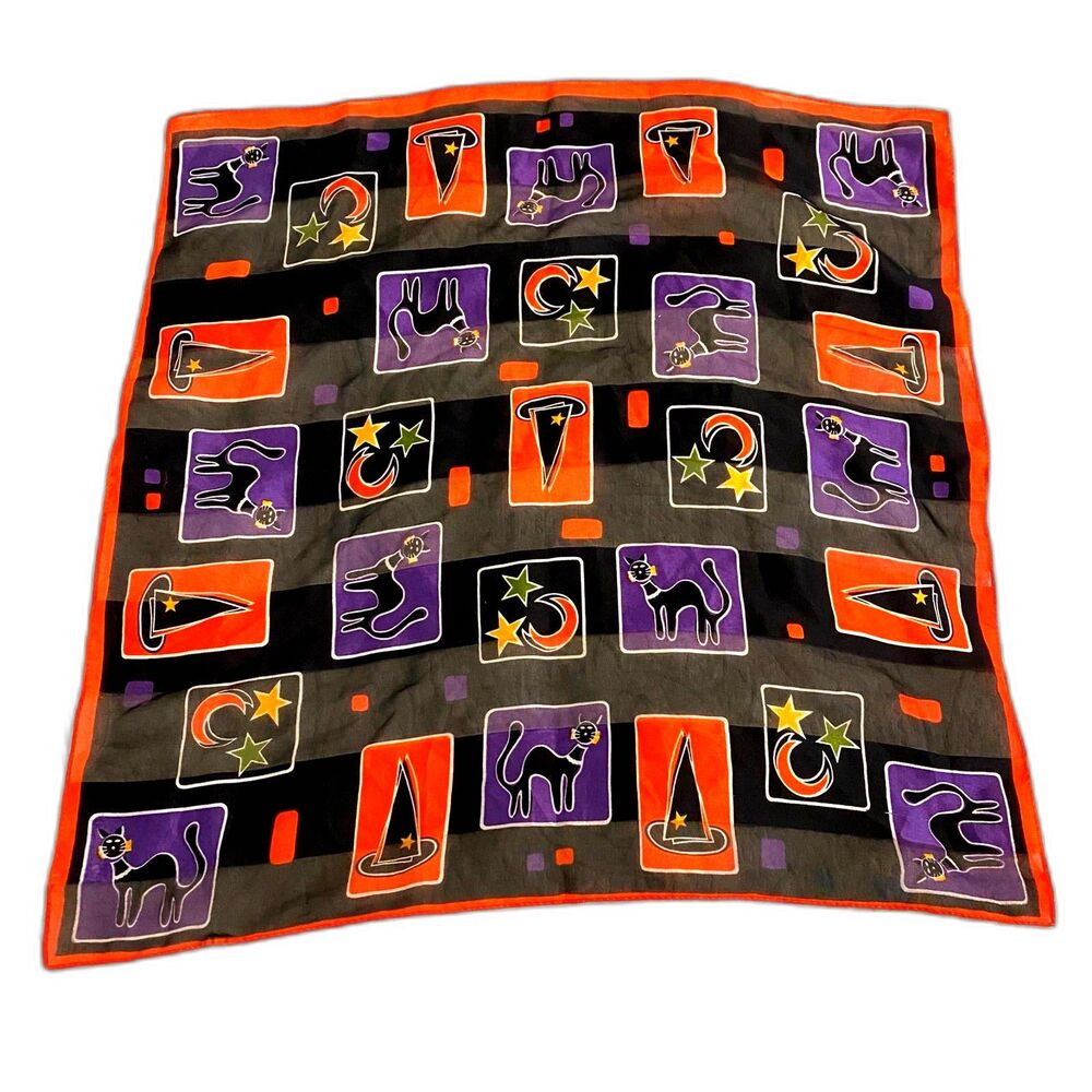 Vintage Halloween Cubist Black Cat Witch Hat Celestial Head Scarf
